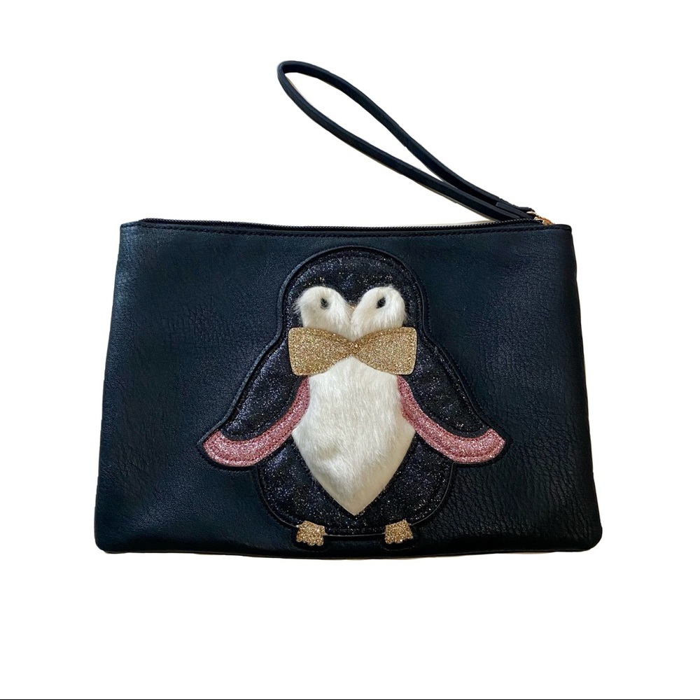 Glitter penguin bow faux fur leather wristlet